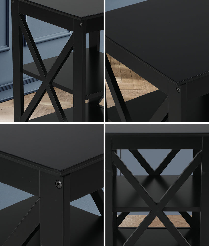 Black Side Table with 3 Tier Shelf and X Structured Sides