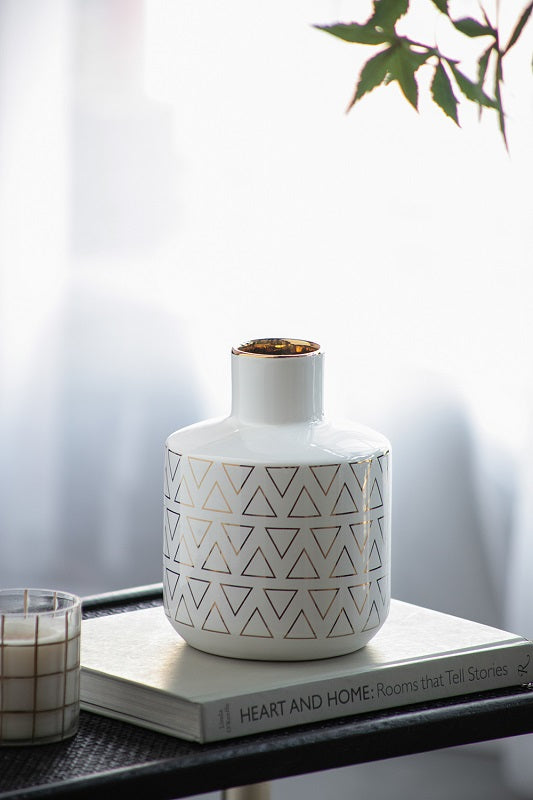 Geo Vase 20cm White Ceramic with Gold Trim Geometric Pattern Home Decor