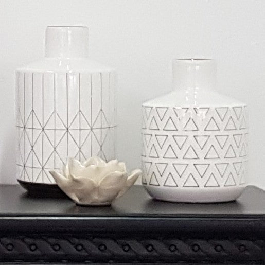 Geo Vase 20cm White Ceramic with Gold Trim Geometric Pattern Home Decor