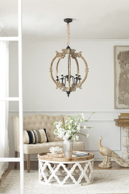 Lattice Round Shabby Chic Coffee Table 81cm Distressed White Wood Top