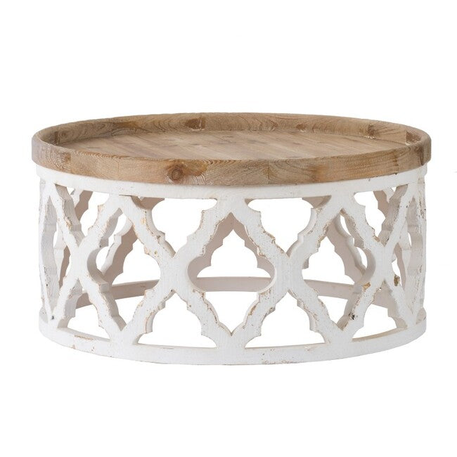 Lattice Round Shabby Chic Coffee Table 81cm Distressed White Wood Top