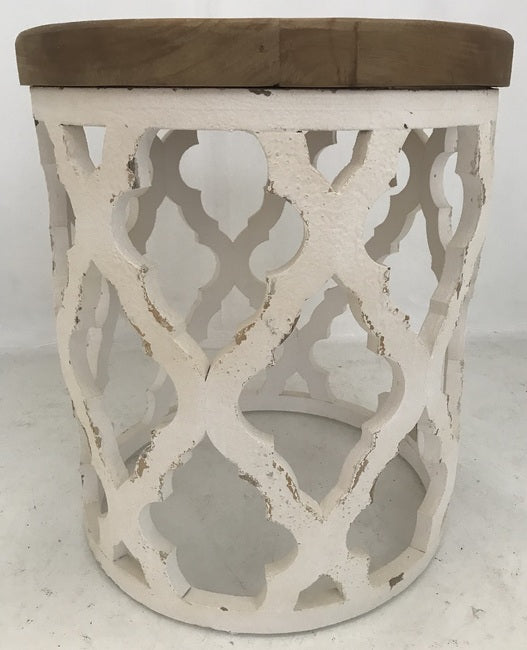 Lattice Round Shabby Chic Side Table 50cm Distressed White Wood Top
