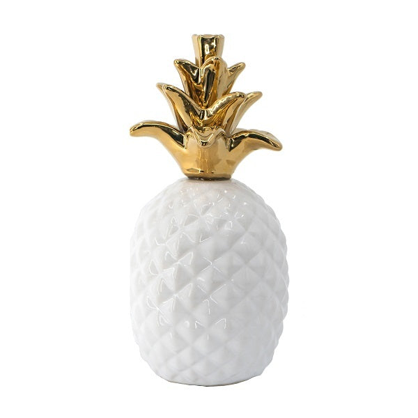 White Pineapple Ornament 17cm Ceramic with Gold Crown for Home Decor