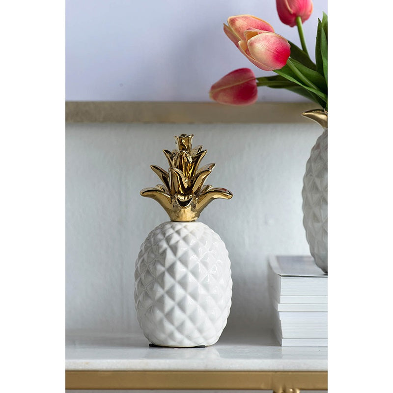 White Pineapple Ornament 17cm Ceramic with Gold Crown for Home Decor
