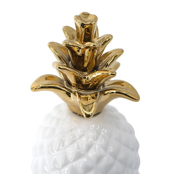 White Pineapple Ornament 17cm Ceramic with Gold Crown for Home Decor