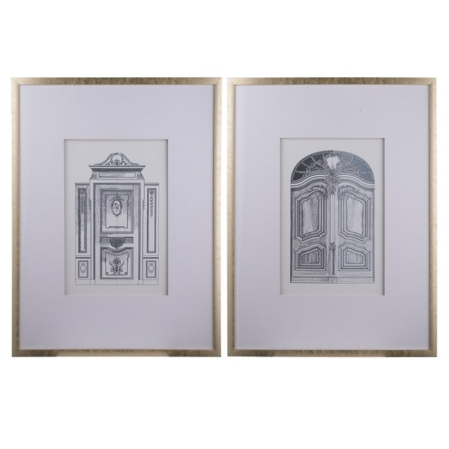 Ornate Doors Wall Art Set of 2 Pencil Prints Classic Architectural Decor