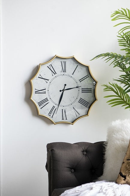 Scalloped Wall Clock 60cm Gold Frame Roman Numerals Battery Operated