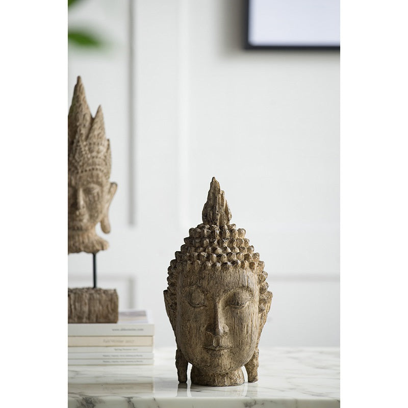 Buddha Head Sculpture Meditating Design and Antique Finish - 30 cm