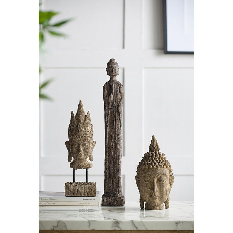 Buddha Head Sculpture Meditating Design and Antique Finish - 30 cm