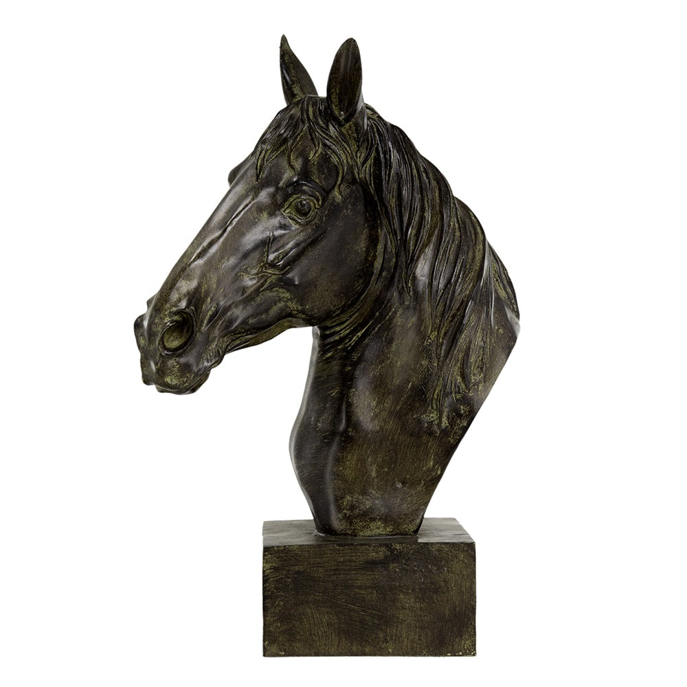 Horse Head Statue on Base Dark Polyresin Sculpture - 40 cm