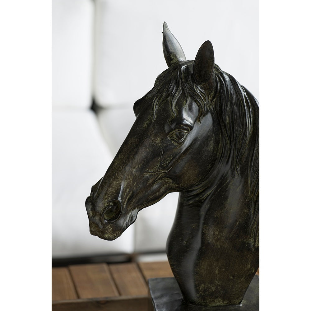 Horse Head Statue on Base Dark Polyresin Sculpture - 40 cm