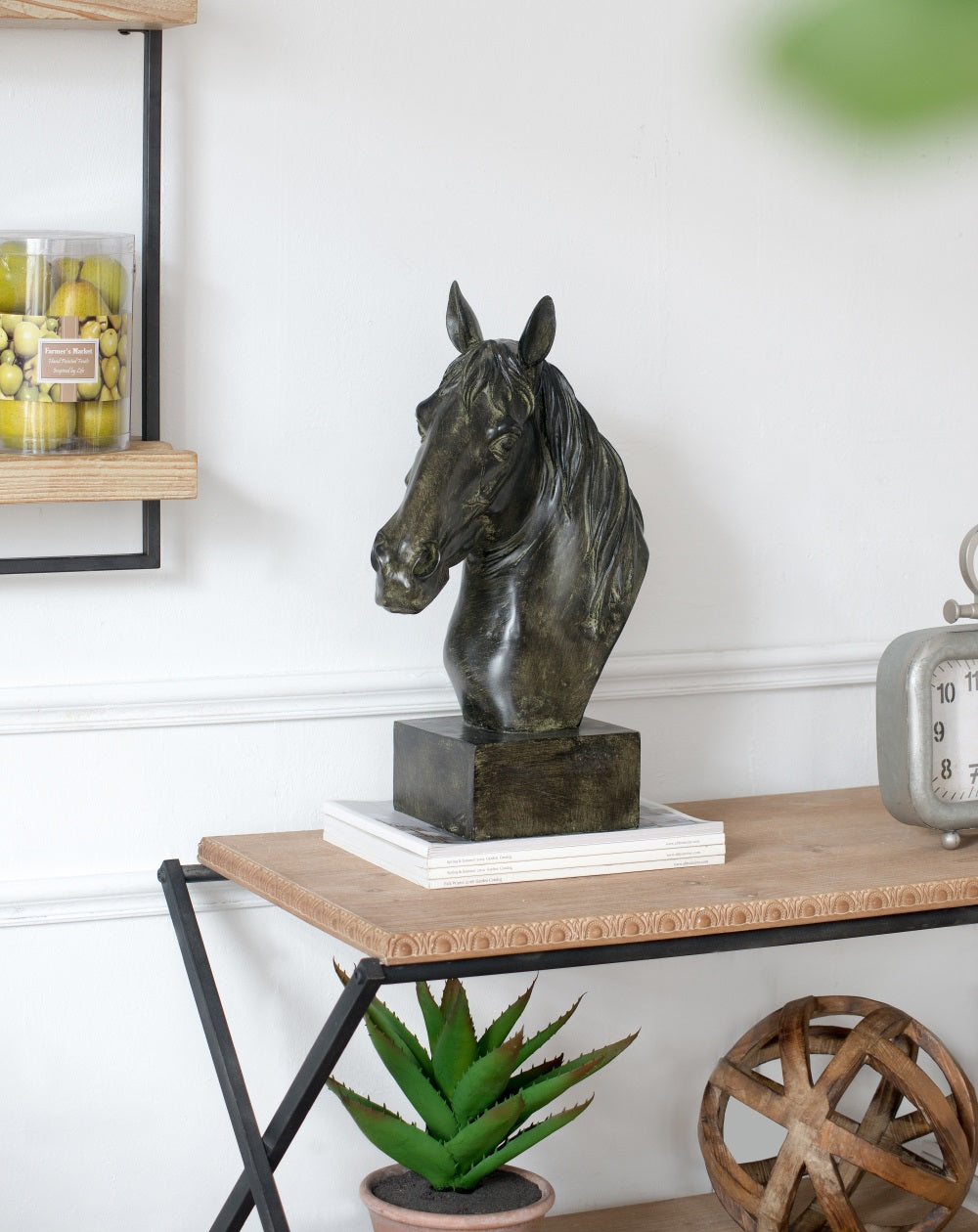 Horse Head Statue on Base Dark Polyresin Sculpture - 40 cm