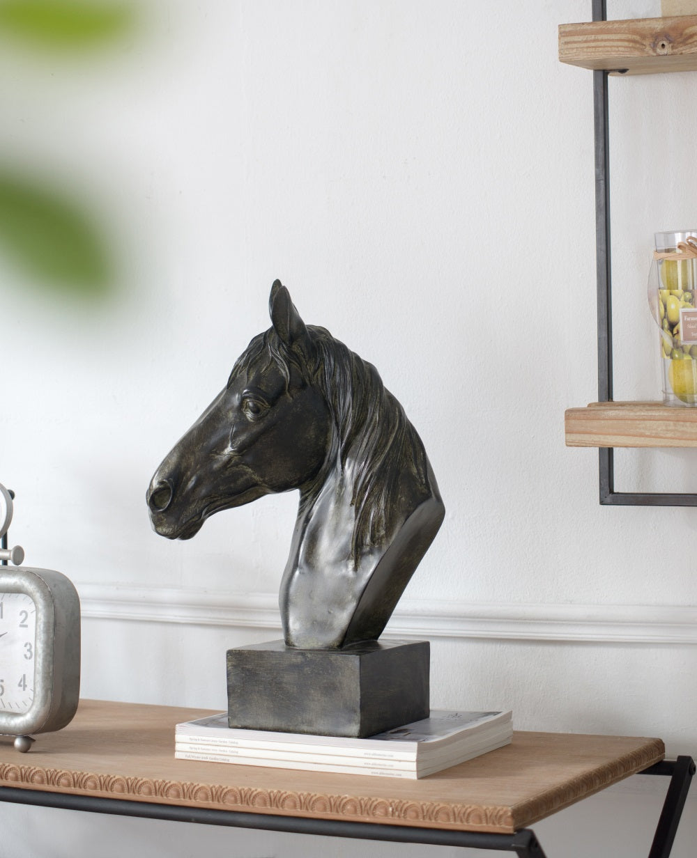 Horse Head Statue on Base Dark Polyresin Sculpture - 40 cm