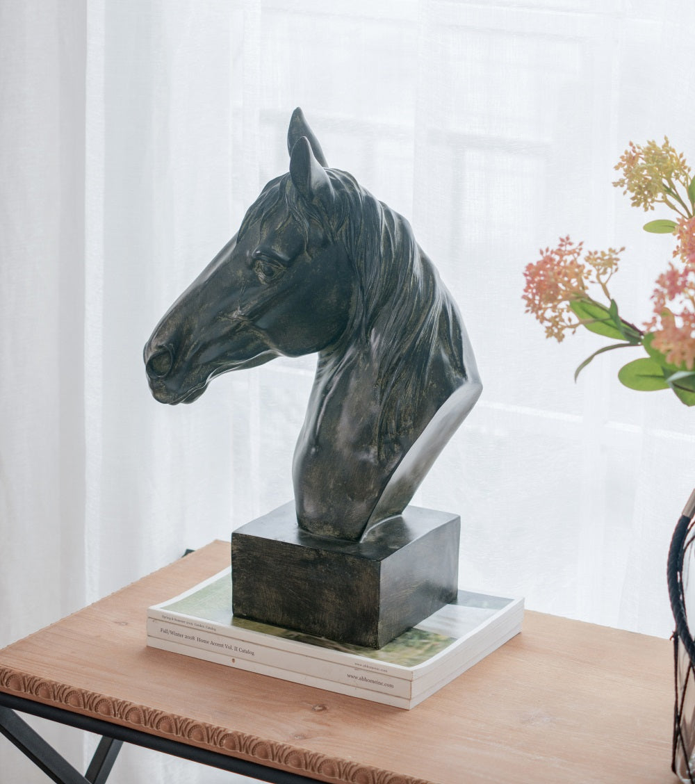 Horse Head Statue on Base Dark Polyresin Sculpture - 40 cm
