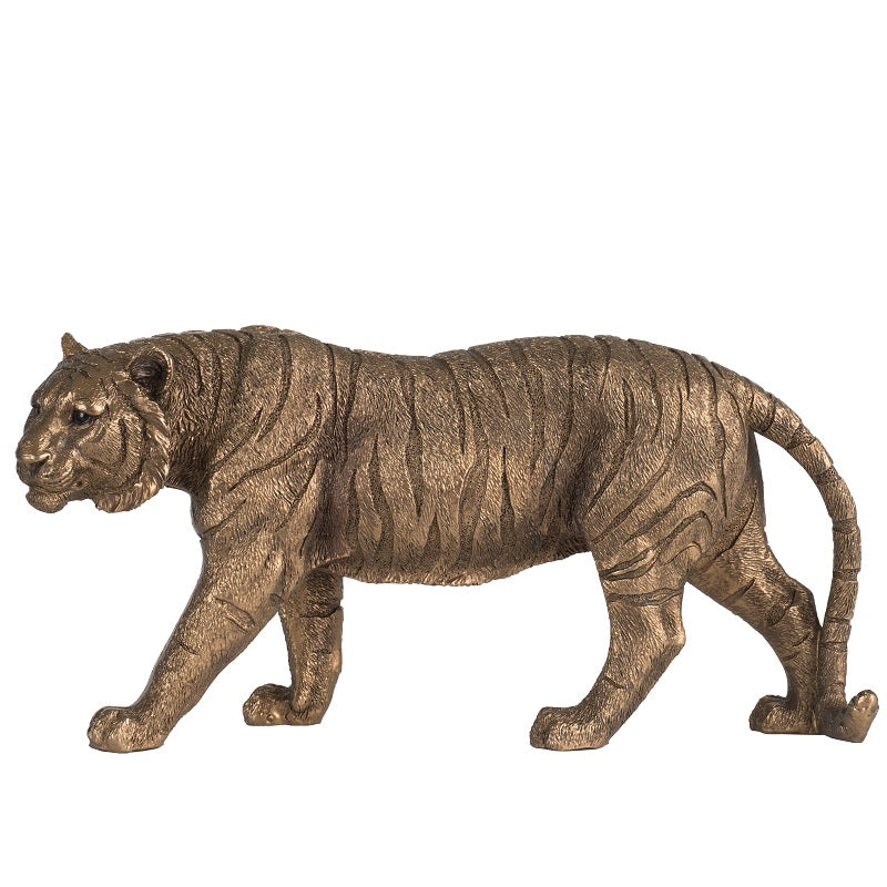 Tiger Statue Polyresin Home Decor Copper Finish - 29 cm