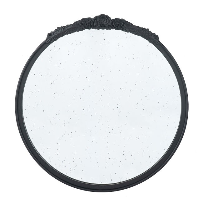 Bingley Hand-Carved Rose Round Mirror Elegant Black Frame with Antiqued Glass - 74 cm