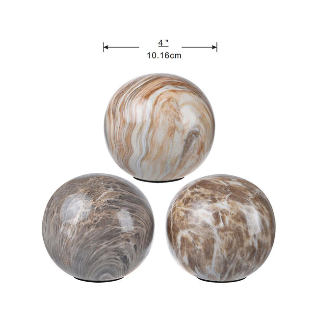 Set of 3 Brown Marbleized Decorative Ceramic Balls for Home and Office