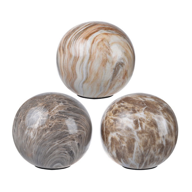 Set of 3 Brown Marbleized Decorative Ceramic Balls for Home and Office