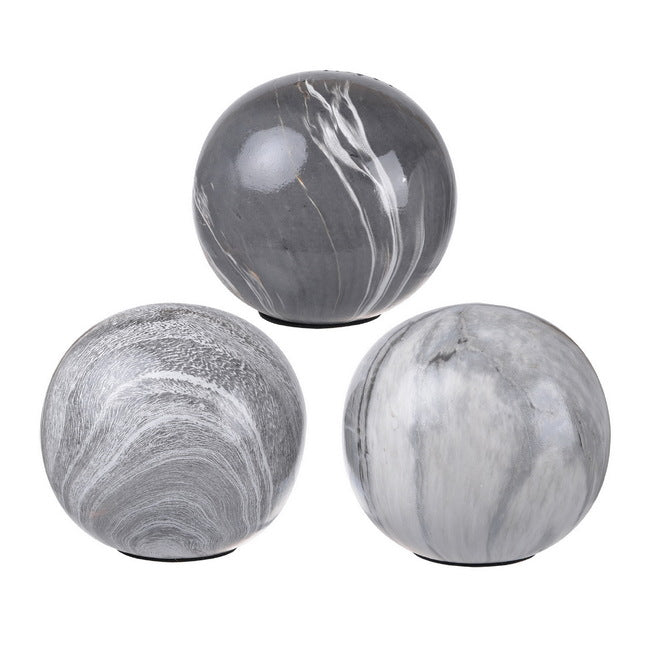 Set of 3 Grey Marbleized Decorative Ceramic Balls for Home and Office