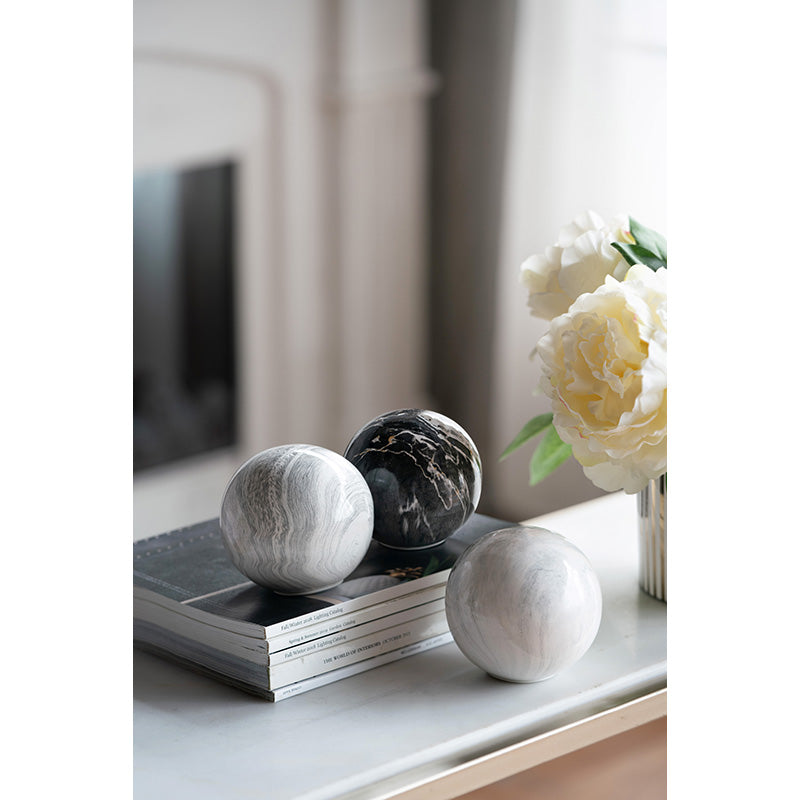 Set of 3 Grey Marbleized Decorative Ceramic Balls for Home and Office