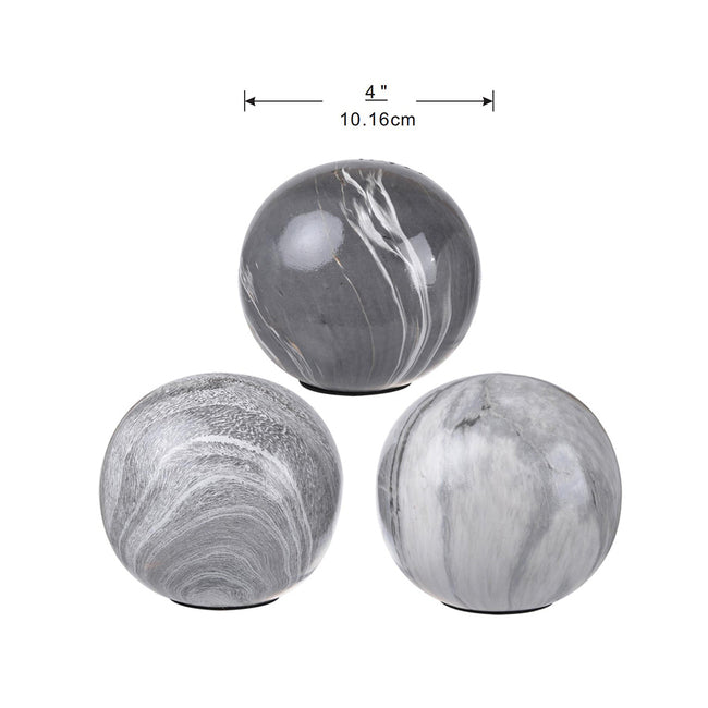 Set of 3 Grey Marbleized Decorative Ceramic Balls for Home and Office