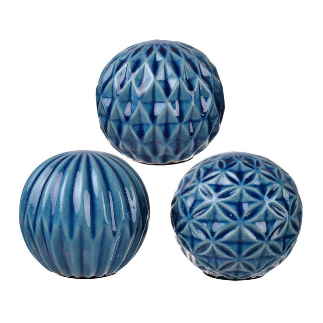 Set of 3 Blue Marbleized Decorative Ceramic Balls for Home and Office