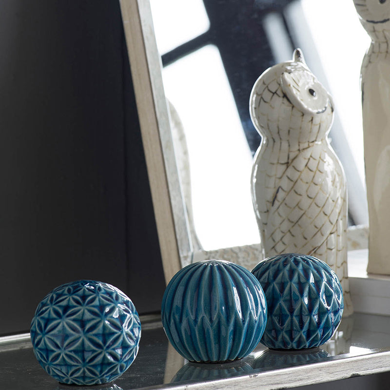 Set of 3 Blue Marbleized Decorative Ceramic Balls for Home and Office