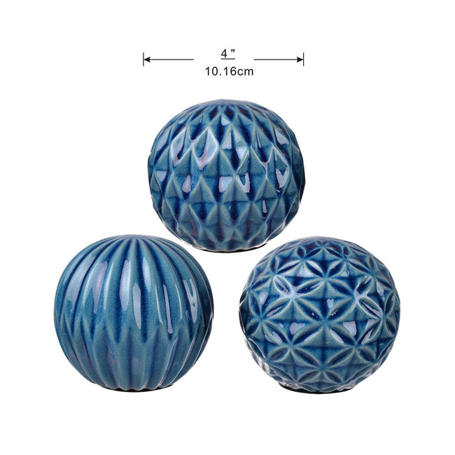 Set of 3 Blue Marbleized Decorative Ceramic Balls for Home and Office