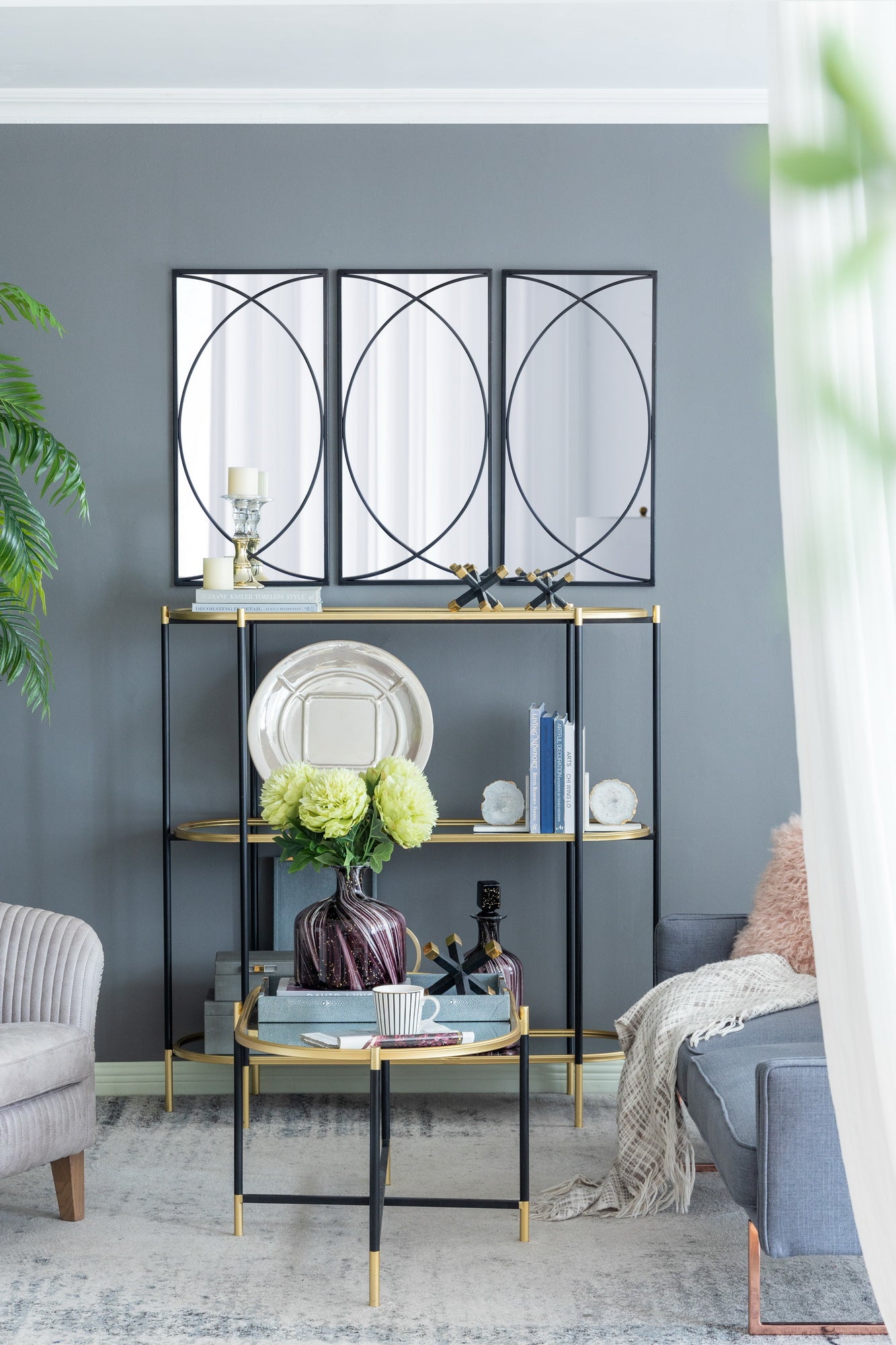 Set of 3 Black Swirl Wall Mirrors Iron Frame Minimalist Industrial Style