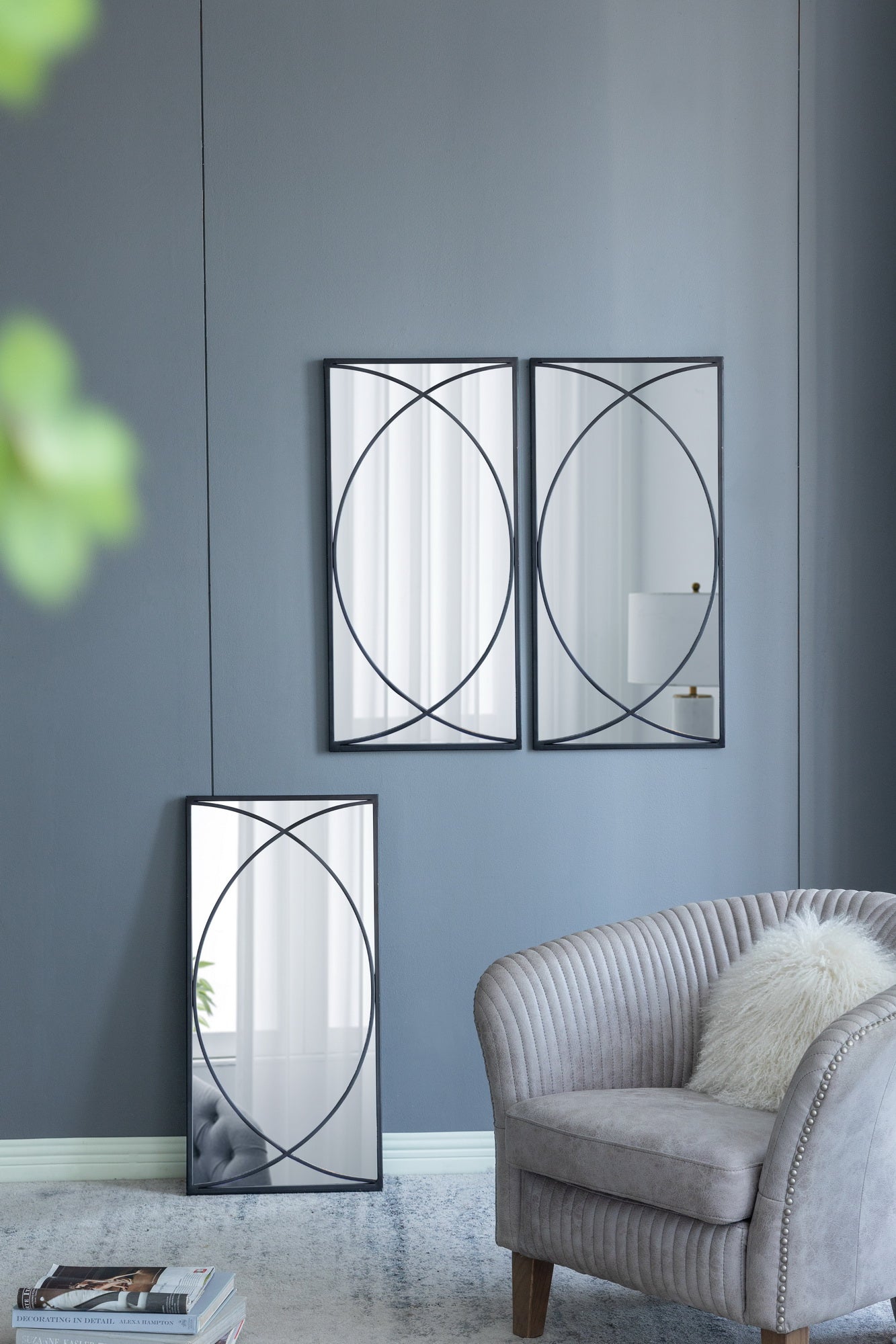 Set of 3 Black Swirl Wall Mirrors Iron Frame Minimalist Industrial Style
