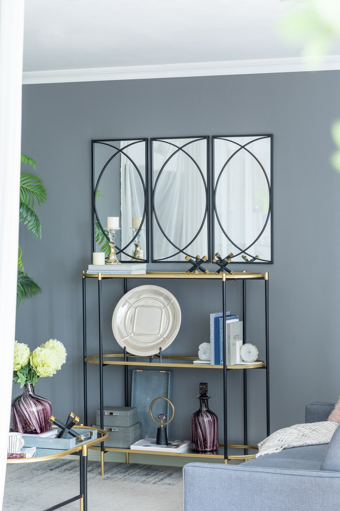 Set of 3 Black Swirl Wall Mirrors Iron Frame Minimalist Industrial Style