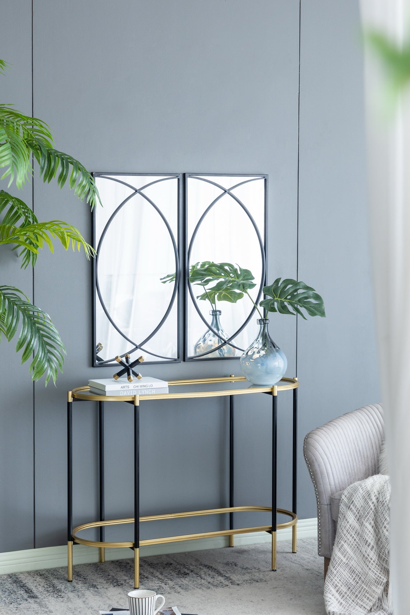 Set of 3 Black Swirl Wall Mirrors Iron Frame Minimalist Industrial Style