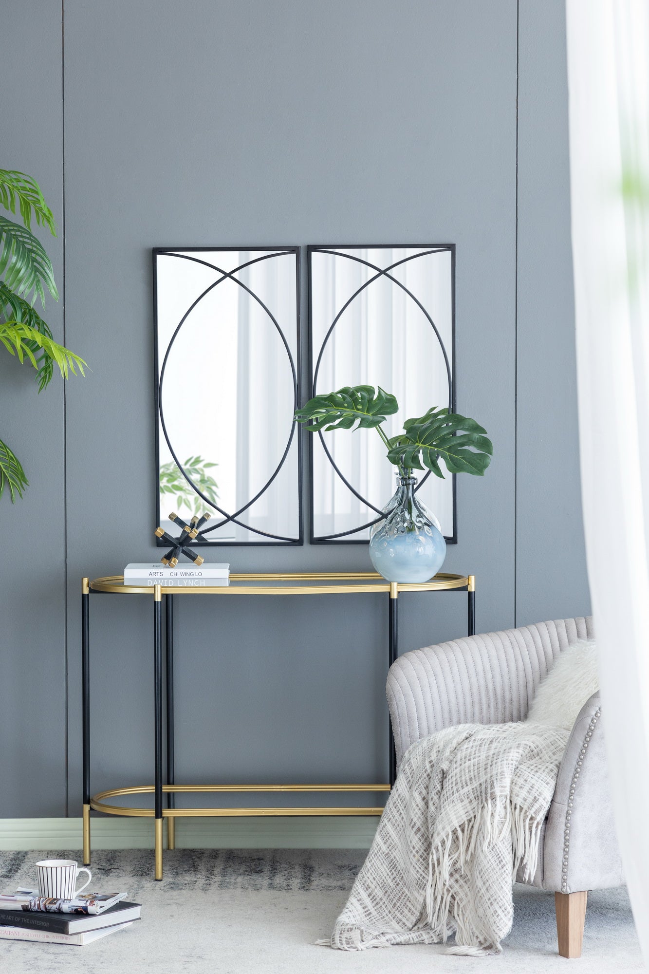 Set of 3 Black Swirl Wall Mirrors Iron Frame Minimalist Industrial Style