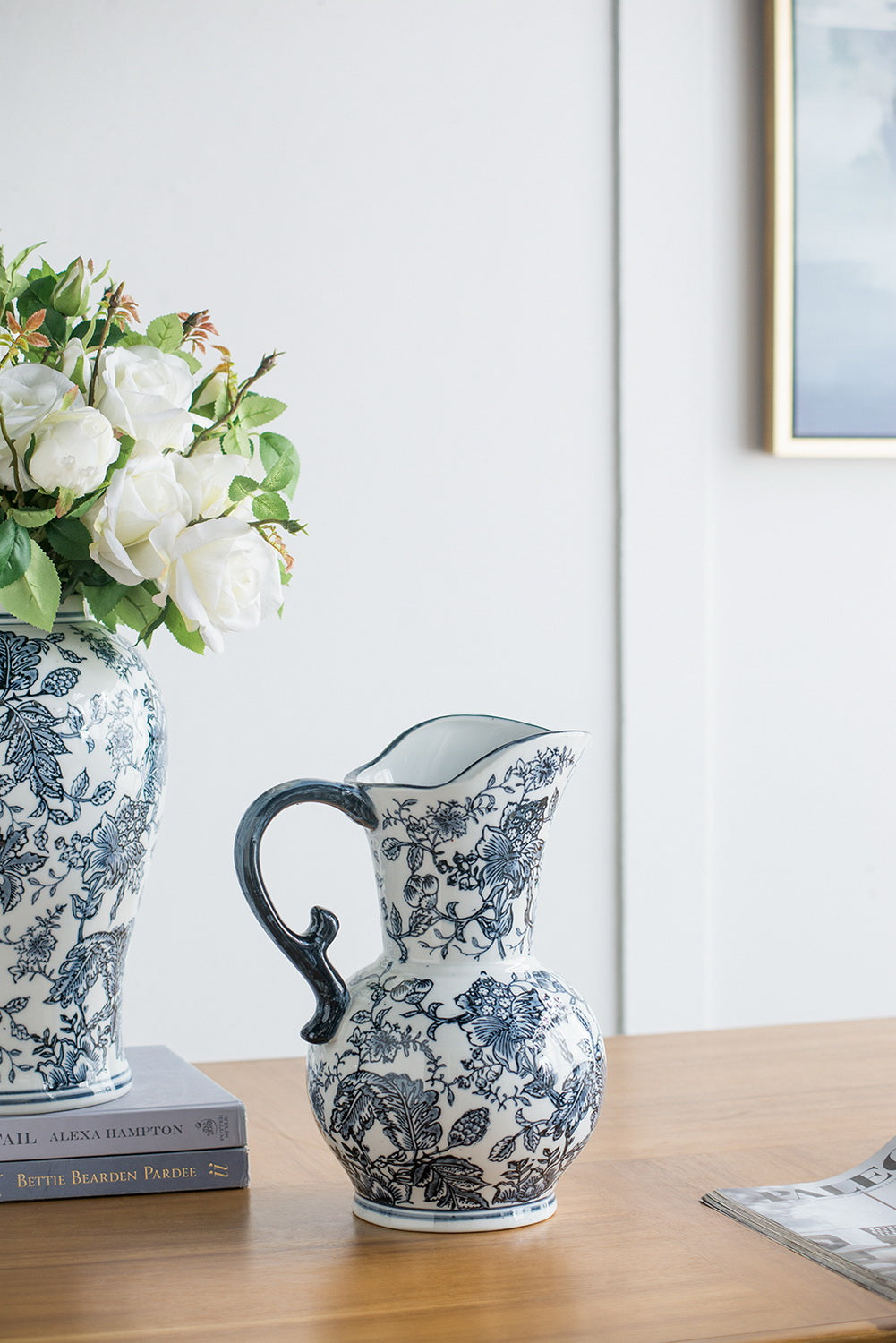 Chinoiserie Porcelain Decorative Jug 31cm Sculpted Handle Accent