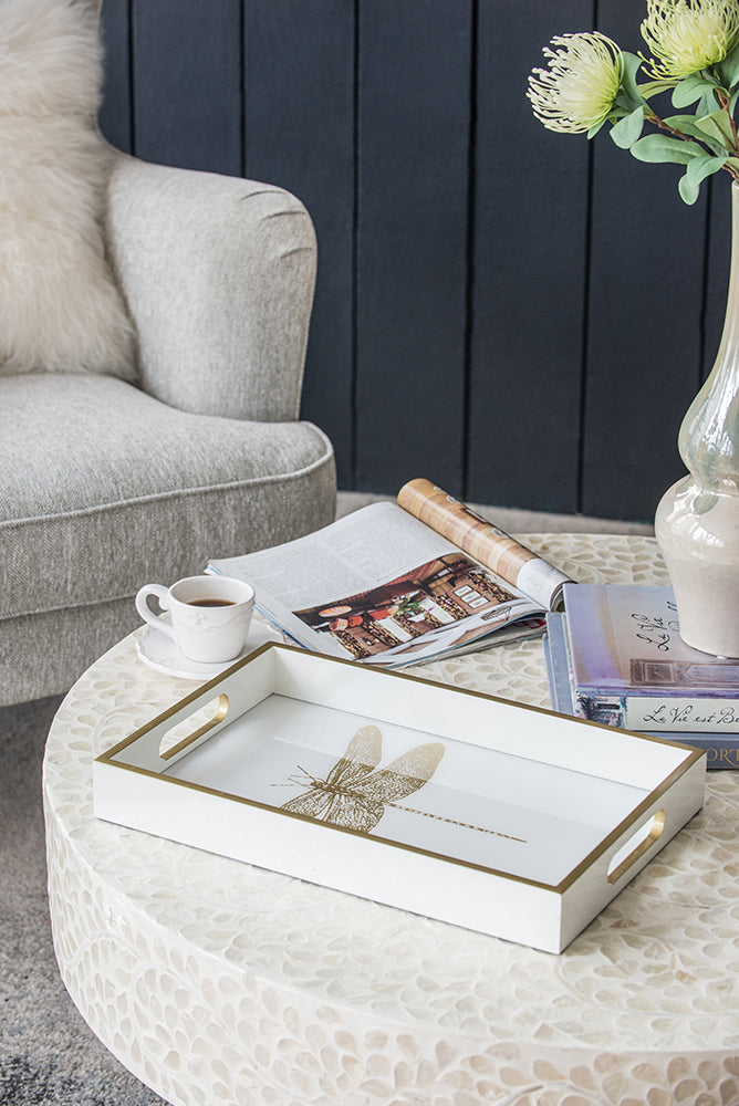 Dragonfly Serving Tray 40cm Wooden Acrylic Accent with Gold Dragonfly Motif