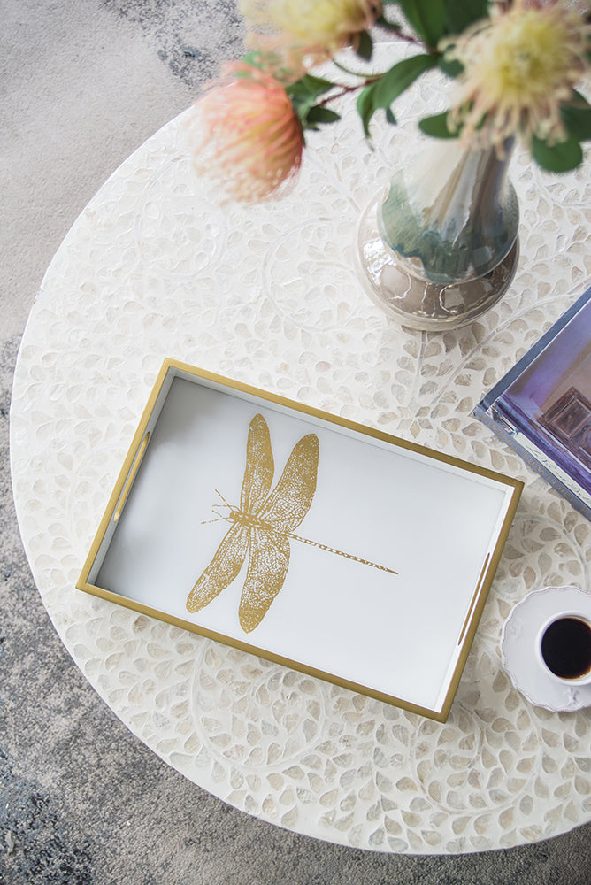 Dragonfly Serving Tray 40cm Wooden Acrylic Accent with Gold Dragonfly Motif