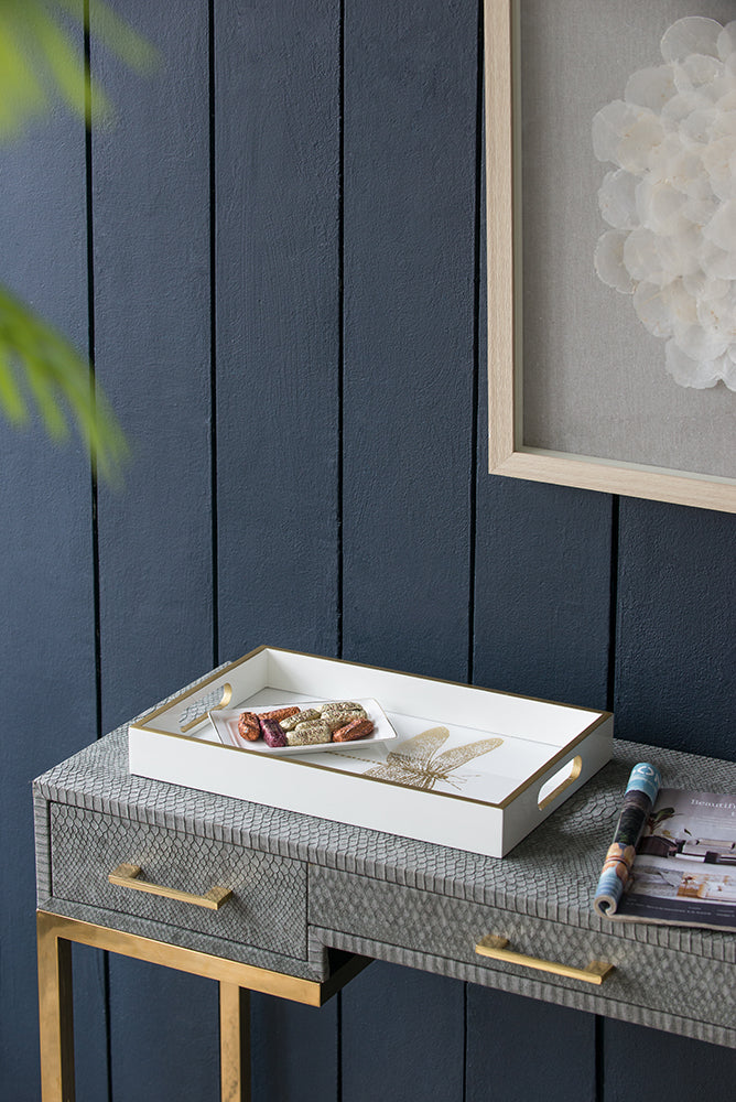 Dragonfly Serving Tray 40cm Wooden Acrylic Accent with Gold Dragonfly Motif