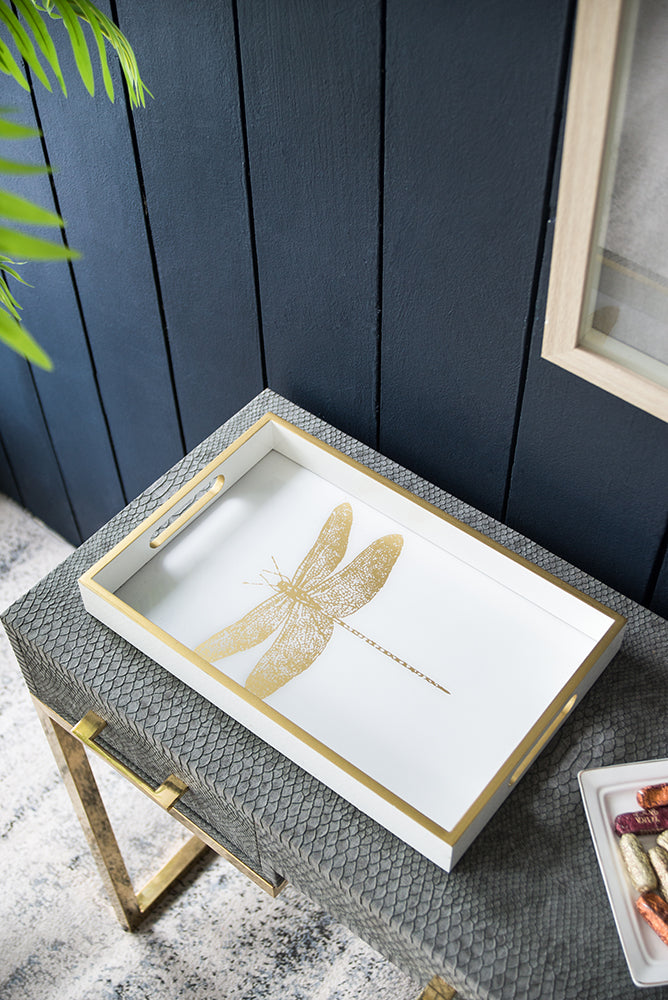 Dragonfly Serving Tray 40cm Wooden Acrylic Accent with Gold Dragonfly Motif