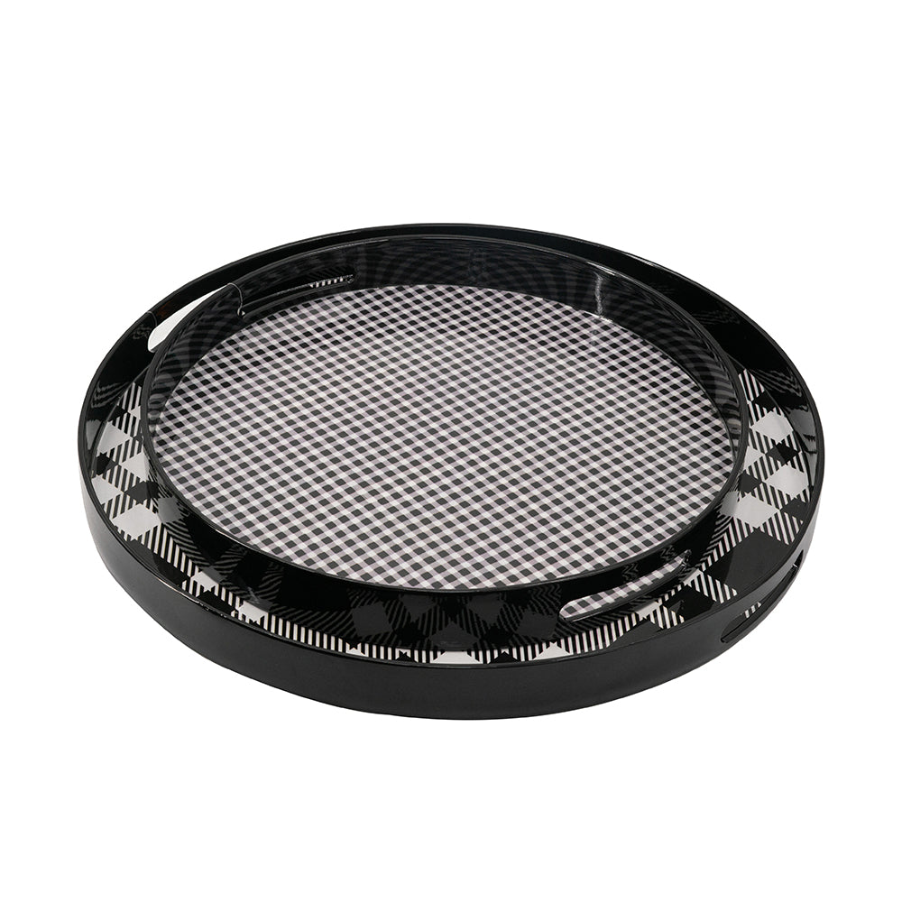 Set of 2 Black and Grey Plaid Motif Round Decorative Accent Plastic Trays