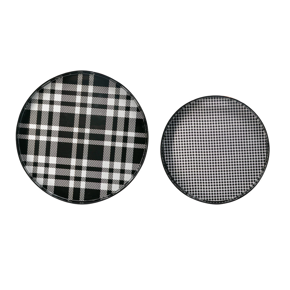 Set of 2 Black and Grey Plaid Motif Round Decorative Accent Plastic Trays