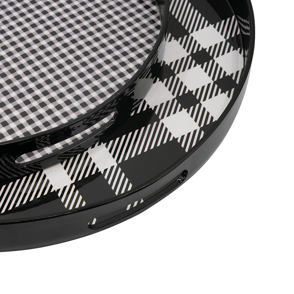 Set of 2 Black and Grey Plaid Motif Round Decorative Accent Plastic Trays