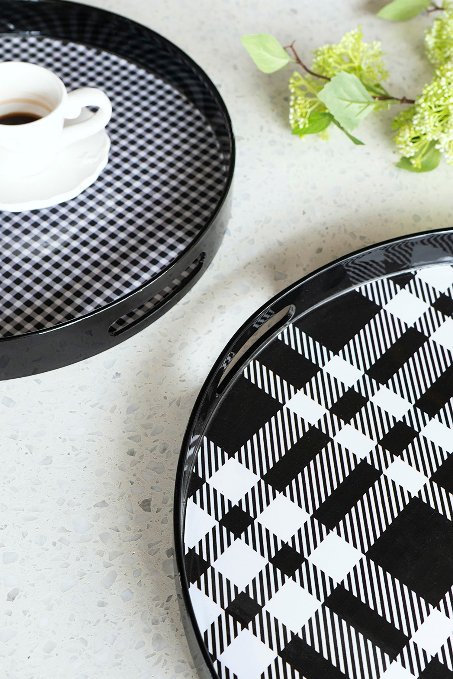 Set of 2 Black and Grey Plaid Motif Round Decorative Accent Plastic Trays