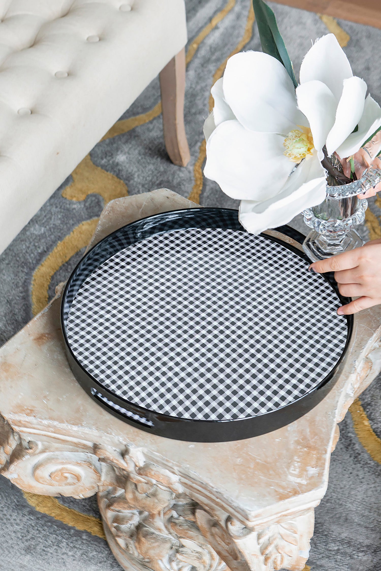 Set of 2 Black and Grey Plaid Motif Round Decorative Accent Plastic Trays