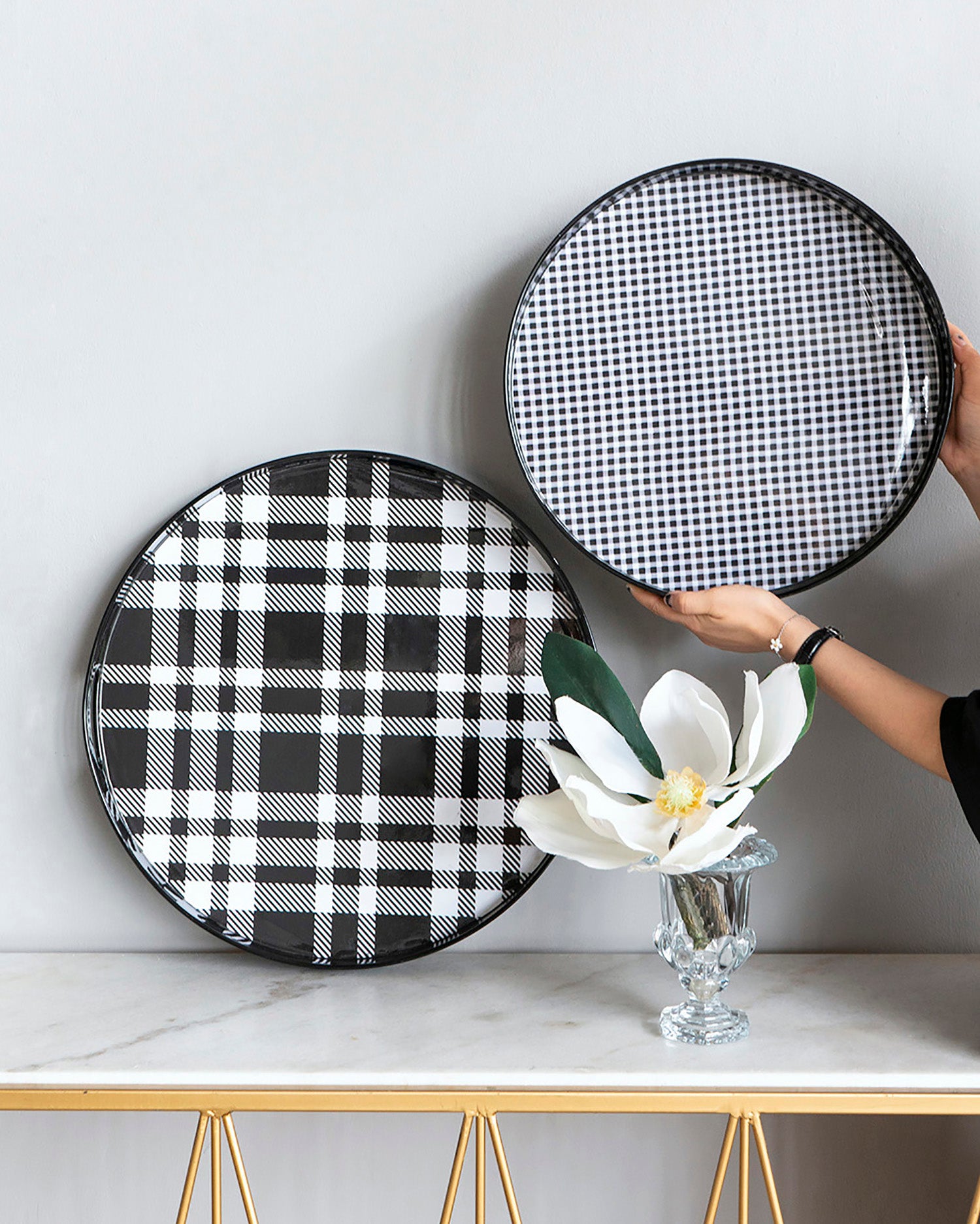 Set of 2 Black and Grey Plaid Motif Round Decorative Accent Plastic Trays