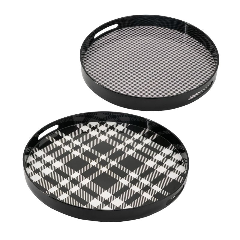 Set of 2 Black and Grey Plaid Motif Round Decorative Accent Plastic Trays