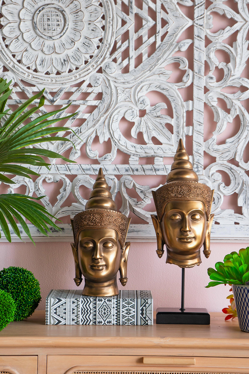 Buddha Statue Head on Stand 50cm Polyresin Decorative Accent for Home
