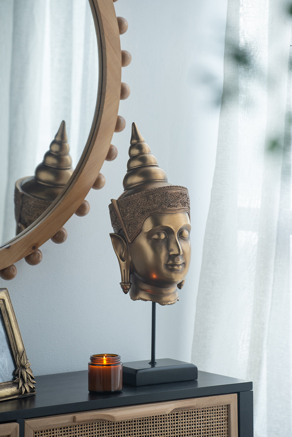 Buddha Statue Head on Stand 50cm Polyresin Decorative Accent for Home