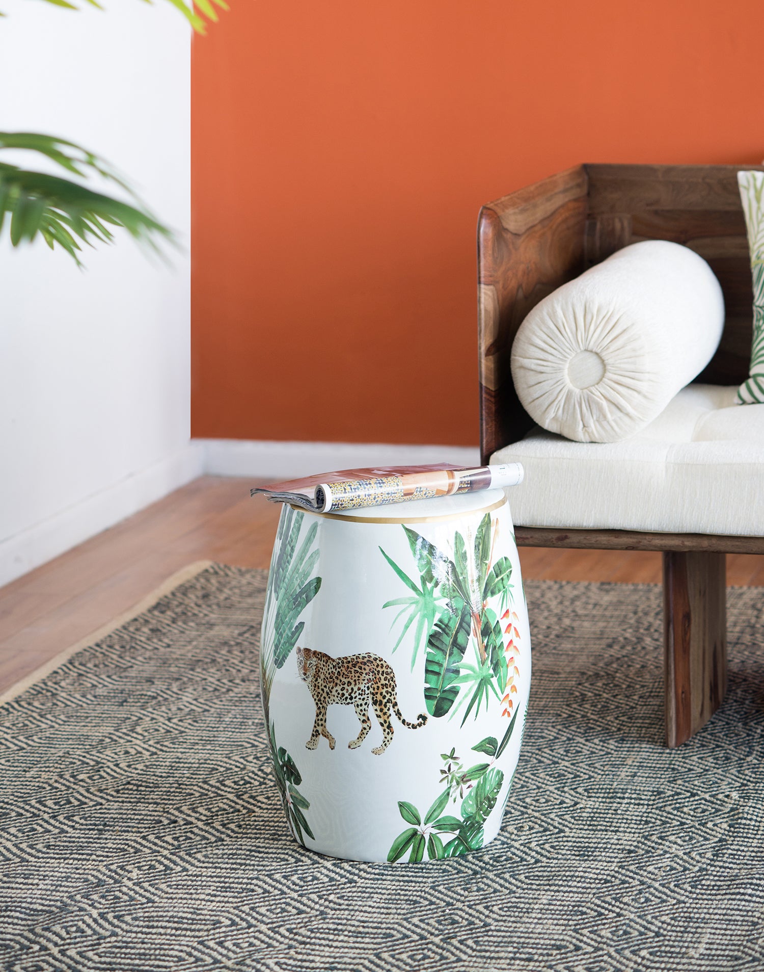 Jungle Themed Ceramic Stool 45.5cm Decorative Cheetah Print Bohemian Accent