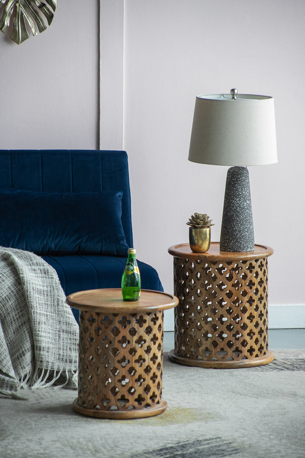 2 Piece Mango Wood Jali Side Tables Natural Burn Finish Round Accent for Living Room