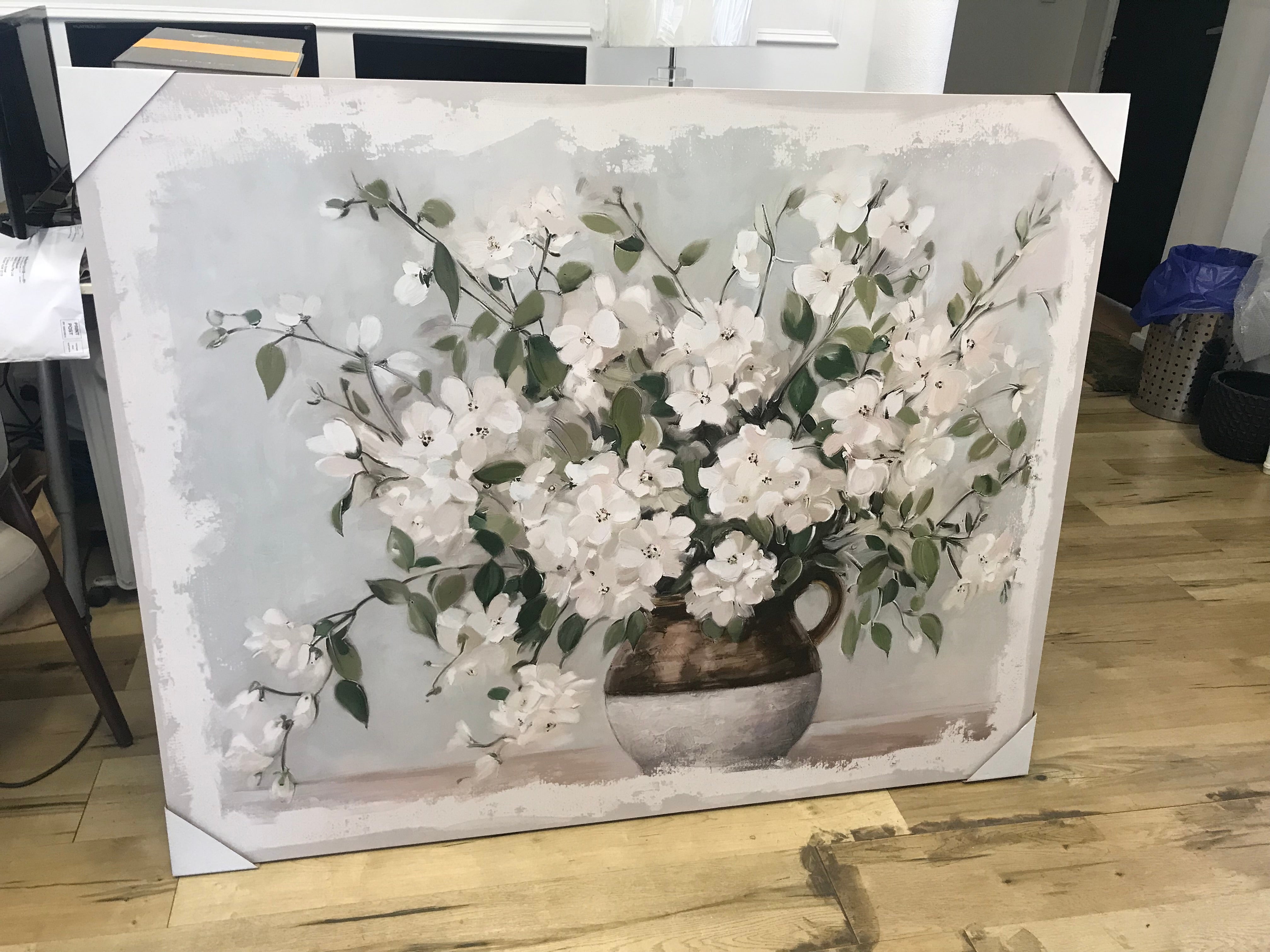 White Wildflowers Bouquet Canvas Print 150x120cm Decorative Wall Art in Two Tone Vase